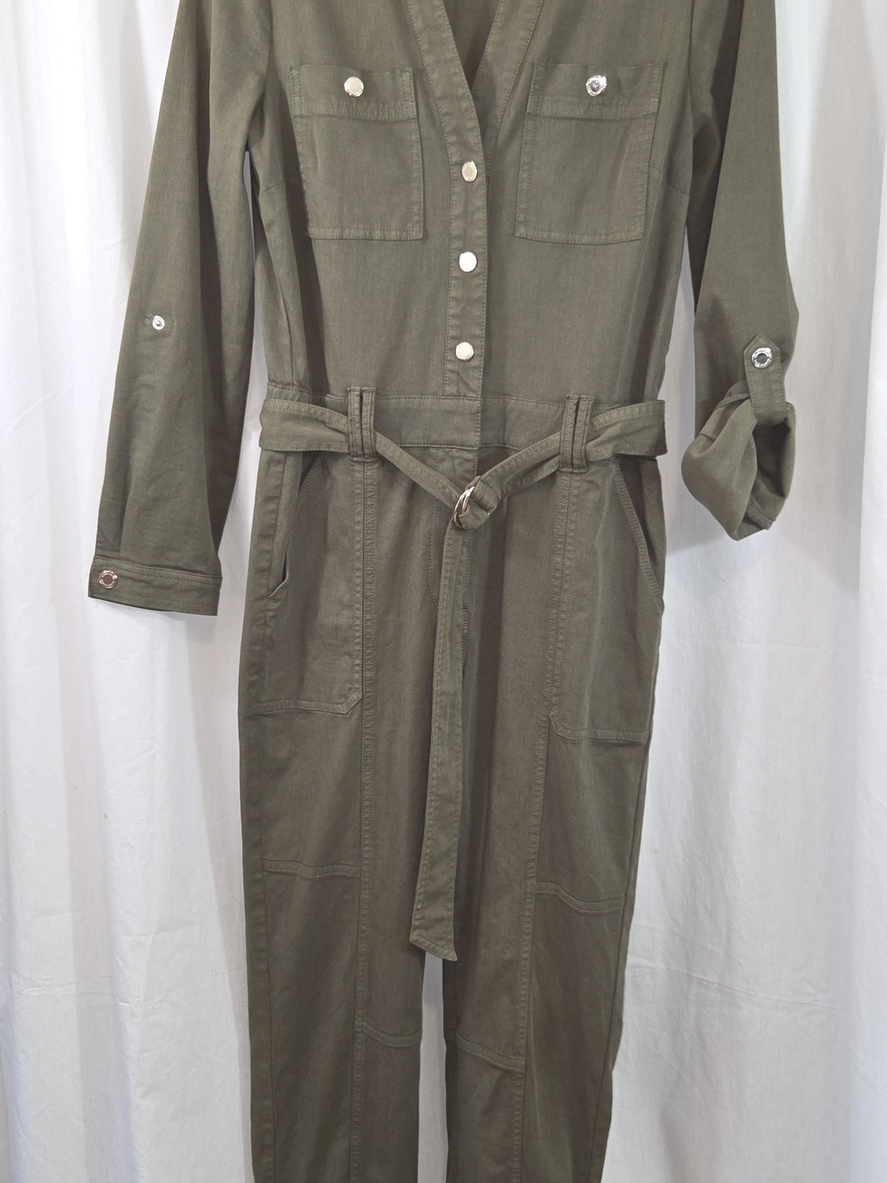 White House Black Market Olive Green Utility Jumpsuit Belted Roll Sleeve Size 4